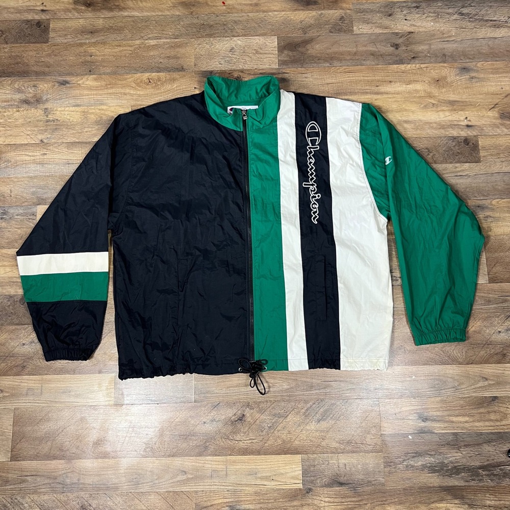Vintage 90s Champion Windbreaker Jacket Men's XXL Green Black Colorblock Nylon